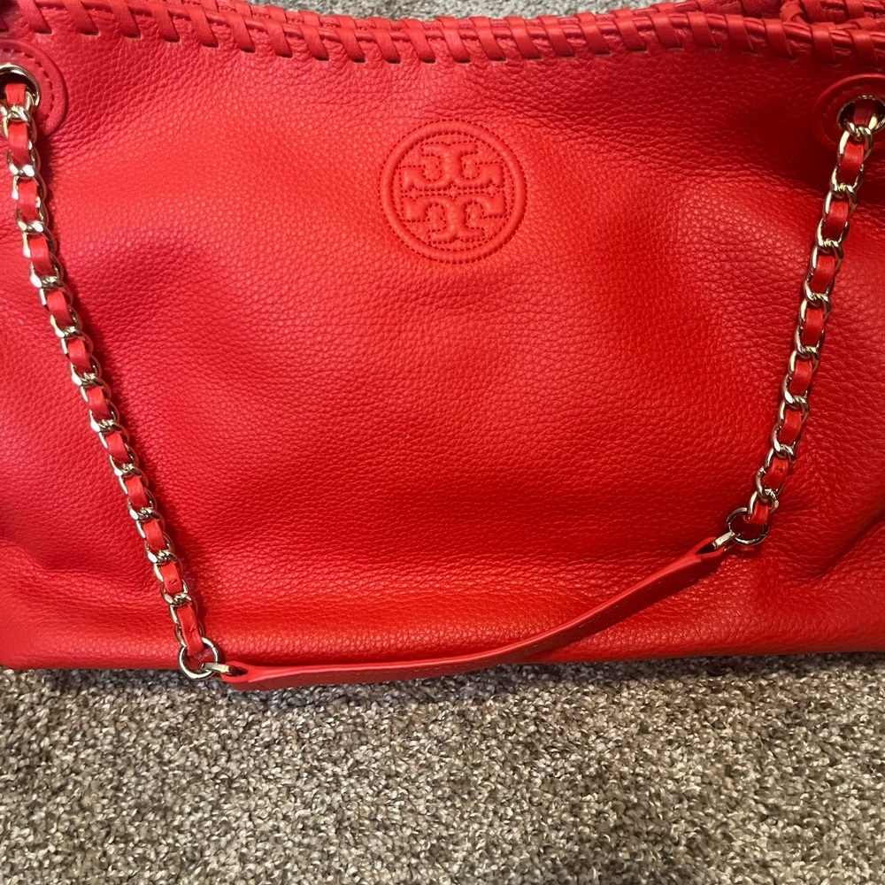 Red Leather Chain Strap Tote Bag Tory Burch for Sale